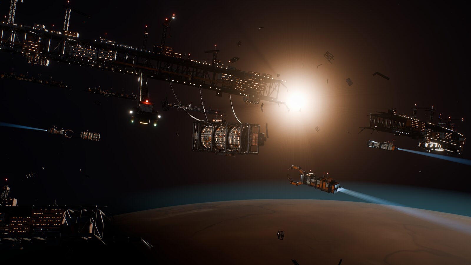 A low sun shines through the broken end of a lit orbital ring above a rust-colored planet; a habitat ship hangs on cables beneath the ring while a clawed tug and other ships fly in on blue engine trails.