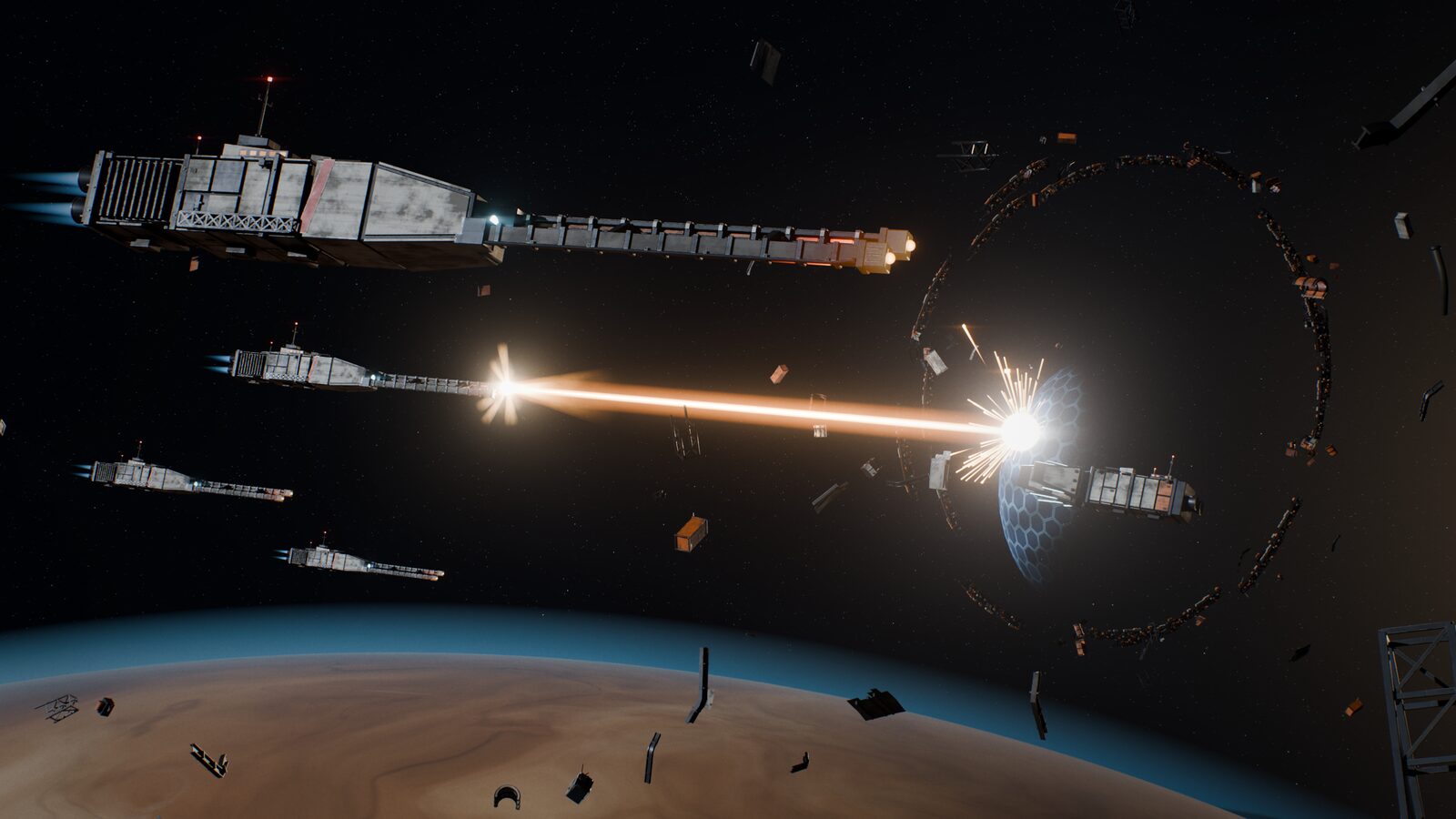 Four grey Authority gunships with long twin rails fly in a staggered line; one fires a bright orange rail shot into the blue hexagonal shield of a small escort ship, framed by a broken ring and drifting debris above an ochre planet.