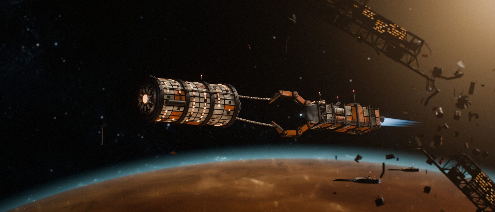 A salvage tug with orange grab claws tows a cylindrical habitat with glowing windows on two taut cables above an ochre desert planet, while a broken orbital ring sheds debris behind them and two long-railed gunships close in.